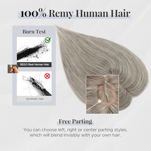 Human Hair Topper for Women, with Silk Base 3.94x4.72, 6 Inches, 4 Clips, for Thinning Hair, without Front Bangs, Salt and Pepper Color, Natural Look