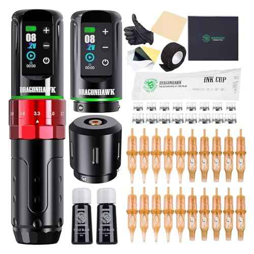 Dragonhawk L3 Complete Tattoo Gun Kit Cordless Cord Pen Machine 7 Strokes Length 2 Batteries Power Supply Mcore Motor Tattoo Needles Cartridges for Pro Artists