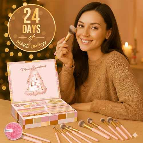Makeup Brush Advent Calendar 2025 for Teen Girls Women, 24 Days of Beauty Advent Calendar with 18 Multi-functional Brushes, Sponges & Clean Puff, Christmas Countdown Gift for Wife Daughter Sister