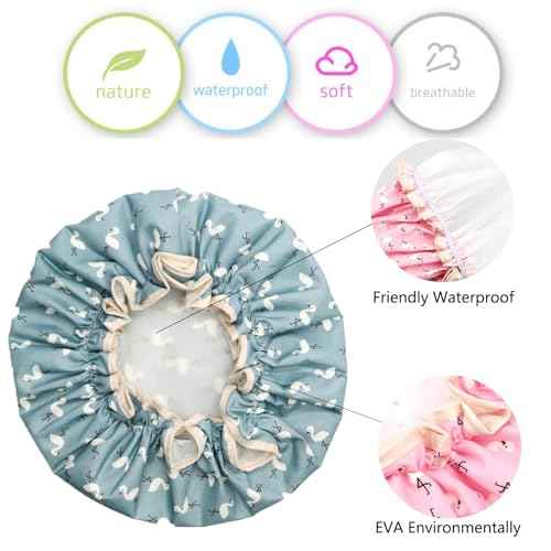 Double Layer Shower Cap for Women Waterproof Reusable Elastic Band, Ruffled Edges Covering Ears for Long, Short & Curly Hair (Blue Bird)