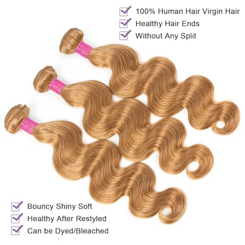 Vallbest Honey Blonde Bundles Human Hair #27 Body Wave Bundles 16 18 20 Inch 3 Bundles 100% Unprocessed Brazilian Virgin Hair 12A Virgin Raw Remy Weave Human Hair Extensions for Women