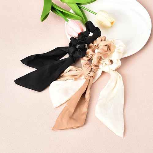Silky Satin Hair Scarf Scrunchies with Ribbon Tails - Elastic Ponytail Holders for Women and Girls in Black, White, Beige for Thick and Thin Hair, 3PCS