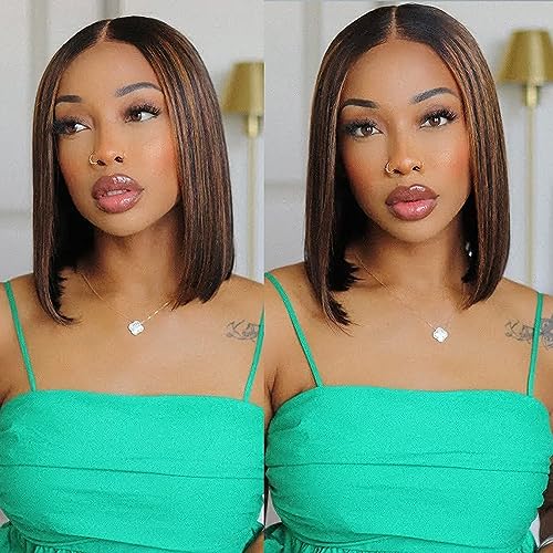 Straight Highlight Ombre Bob Wig Human Hair 4x4 Lace Front Wigs 1b/30 Colored Highlights Honey Blonde Lace Closure Wigs Glueless Pre Plucked Hairline 180% Density Bob Wigs for Women 14 Inch