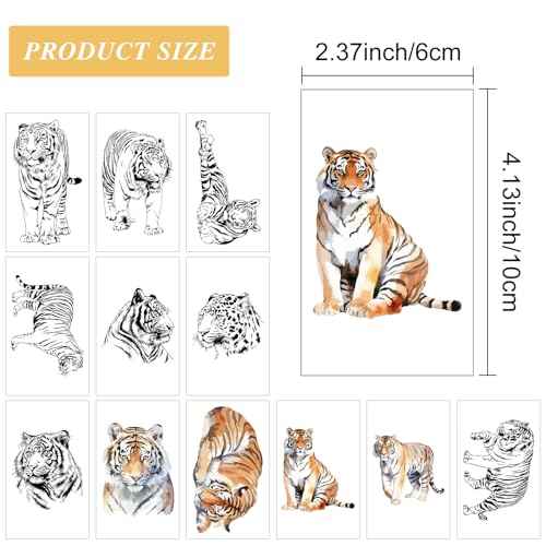 12 Sheets Tiger Temporary Tattoos for Men Women, Realistic Tiger Arm Chest Leg Back Shoulder Tattoo Stickers for Adults, Wild Beast Animal Body Art