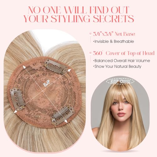 Hairro Mono Hair Toppers with Bangs, 3.4" x 3.4" Mono Base 100% Real Human Hairpieces for Women, 150% Density Clips In Topper for Greyish Thinning Hair, 14 Inch Golden Brown Mix Bleach Blonde