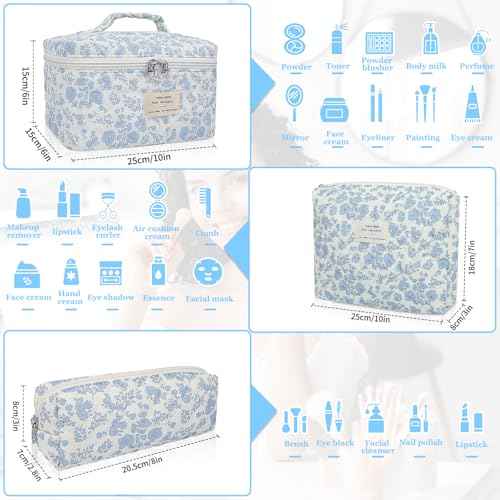Makeup Bag, Large Quilted Cosmetic Bag, Big Floral Make Up Bag for Women Girls, Cute Cotton Makeup Bag Set, Flower Travel Toiletry Organizer Bag (Blue Flower)