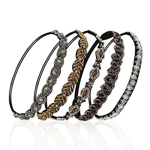 Elastic Rhinestone Headbands for Women, 5Pcs Handmade Crystal Beaded Elastic Headband Set Fashion Vintage Diamond Jewel Hair Band Headwear Hair Accessories for Ladies and Girls