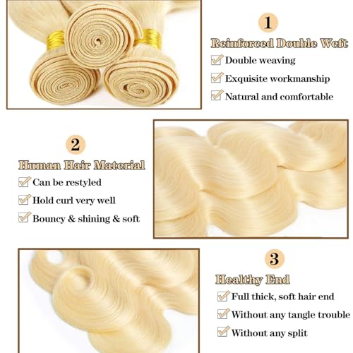 613 Bundles Human Hair 14 14 14 Inch Blonde Body Wave, 100% Real Human Hair Sew in Quick Weave Bundles Human Hair Extensions Double Weft, No Synthetic Blend, Dyeable