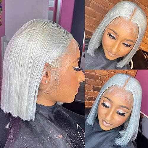 Silver Grey Bob Wigs Human Hair for Black Women 13x4 HD Lace Frontal Bob Wigs Human Hair Pre Plucked WIth Baby Hair Wear and Go Glueless Short Straight Blunt Cut Bob Wigs 180% Density 12 Inch