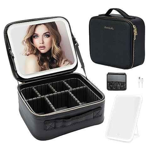 Travel Makeup Bag with LED Mirror ? Waterproof Cosmetic Train Case with Adjustable Dividers, Portable Makeup Organizer and Toiletry Bag for Women, Teens & Girls Gift, Black