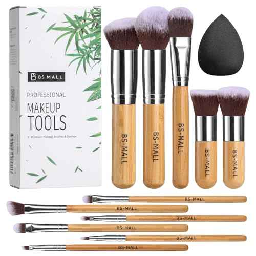 BS-MALL Makeup Brush Set 11Pcs Bamboo Synthetic Kabuki Brush Set Foundation Powder Blending Concealer Eye shadows Blush Cosmetics Brushes with Organizer Bag & Makeup Sponge (style, Count, 12)
