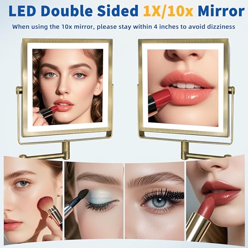 Ruacq Rechargeable Wall Mounted Makeup Mirror with Lights, Double Sided 1X/10X Magnifying Vanity Mirror with 3 Color Lights, Touch Screen Dimmable, 360¡Æ Rotation Extension Foldable Arm(Antique Brass)