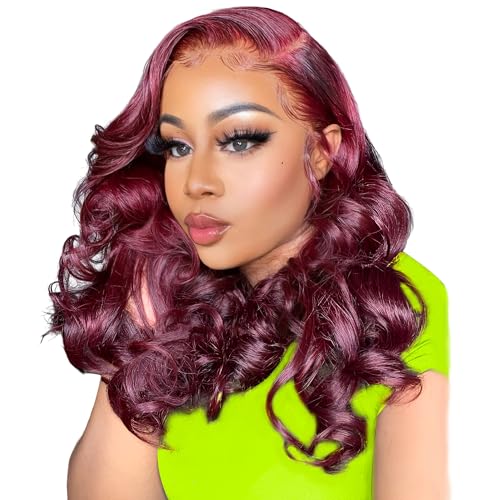 13x6 Bob Wig Human Hair 200 Density 99j Burgundy Lace Front Wigs Human Hai.r Glueless 13x6 Body Wave HD Lace Front Wigs Human Hair Pre Plucked Short Wine Red Bob Wigs for Black Women 16 Inch