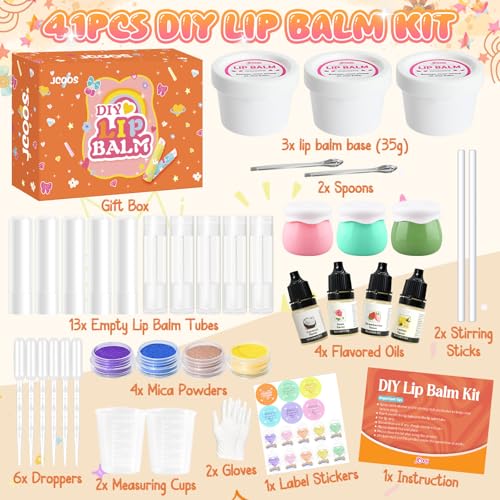 JCOOS DIY Lip Balm Kit for Kids, Fun Lip Balm Making Kit, Lip Gloss Making Kit Moisturizing Lip Kit, Natural Shea Butter, Beeswax, Sweet Almond Oil, Essential Oil, Cute Teen Tween Girls Trendy Stuff
