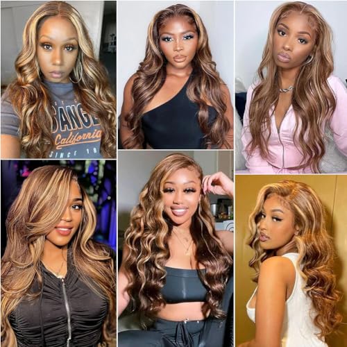 Human Hair Wig 22 Inch 13x4 Ombre Body Wave Lace Front Wigs Human Hair Honey Blonde Wig Pre Plucked with Baby Hair 200 Density 4/27 Highlight Glueless Human Hair Wigs for Black Women