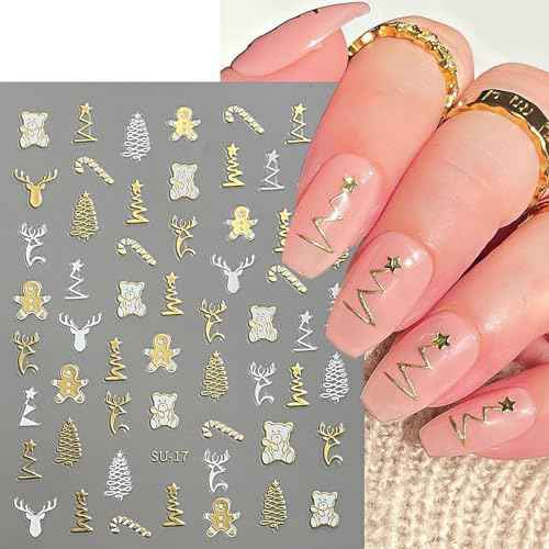 8PCS Christmas Tree Nail Stickers Metallic Nail Decals 3D Self-Adhesive Snowflake Lanterns Bells Elk Bear Star Heart Gold Silver Metal Design Xmas for Women French Manicure Decoration Party