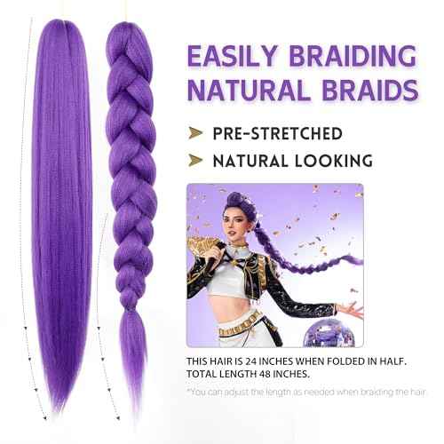 Long Purple Braiding Hair Pre Stretched Synthetic Braiding hair Extensions for Braids, Purple Hair Extensions for Stage Party Halloween Costume Cosplay