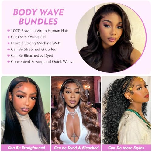 Body Wave Bundles Human Hair 20 22 24 Inch Human Hair Bundles 100% Unprocessed Brazilian Virgin Quick Weave 3 Bundle Human Hair Extensions for Black Women Natural Color