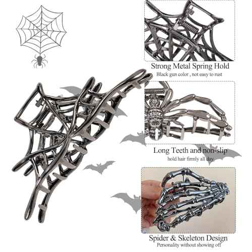 3PCS Black Spider Web Skeleton Hand Skull Hair Claw Clips for Women And Girls, Hiphop Metal Large Medium Size for Thick Thin Hair, Headband Barrette for styling Hair Accessories Party Gift (Black Gun)