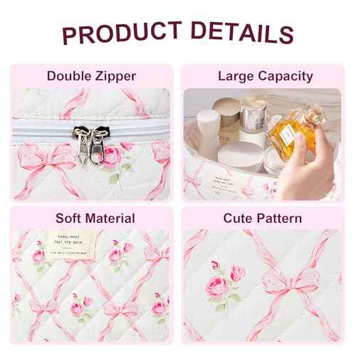 3Pcs Cotton Quilted Makeup Bag Large Travel Cosmetic Bag Coquette Makeup Pouch Cute Aesthetic Floral Toiletry Bag for Women Girls (flower-R)