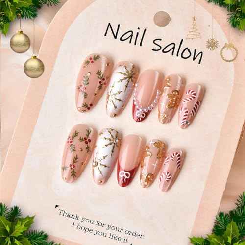 24Pcs Christmas Press on Nails French Tip Medium Almond Fake Nails Cat Eye Xmas False Nails with Snowflake Pearl Design Winter Acrylic Nails Full Cover Reusable Christmas Glue on Nail for DIY Nail Art