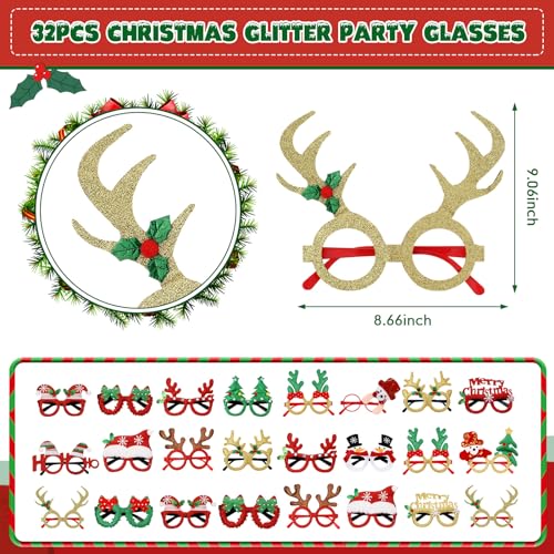 Giegxin 64 Pcs Christmas Glasses Frame and Headbands Set with 32 Cute Party Headband and 32 Funny Eyewear Xmas Hair Headwear for Christmas Xmas Holiday Party Favors