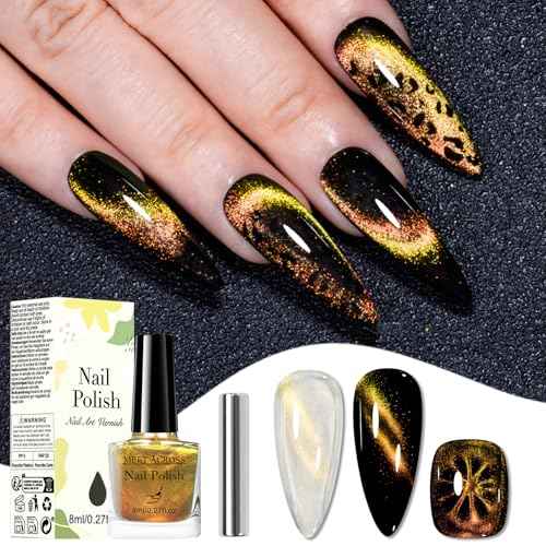 MEET ACROSS Magnetic Cat Eye Nail Polish Glitter Yellow Chameleon Nail Polish with 1 Magnet, Quick Dry