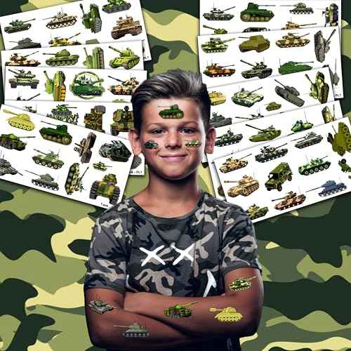 100 PCS Tank Military Temporary Tattoos Themed Birthday Party Decorations Favors Supplies Decor Army Camo Camouflage Soldier Tattoo Stickers Gifts For Game Boys Girls Classroom School Prizes Christmas