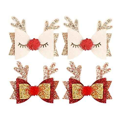 Cute Christmas Antler Girls Hair Bow Alligator Clips Glitter Red Gold Silver Pink Sequins Hair Bows Hairpin Bow Hair Bobby Pin Holiday Hair Accessories for Girls Toddler Kids Party Favor Gift (A)