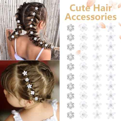 YISSION 40 Pcs Mini White Flower Hair Clips Cute Rhinestone Hair Pins Small Decorative Hair Clips Fancy Wedding Hair Barrettes for Bridal Fashion Flower Girl Hair Accessory