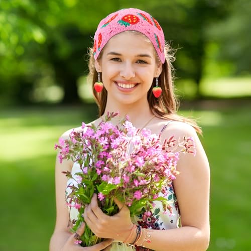 6 Pcs Strawberry Accessories Set Strawberry Crochet Hair Bandana Necklace Earrings Bracelet Hair Clips for Gifts