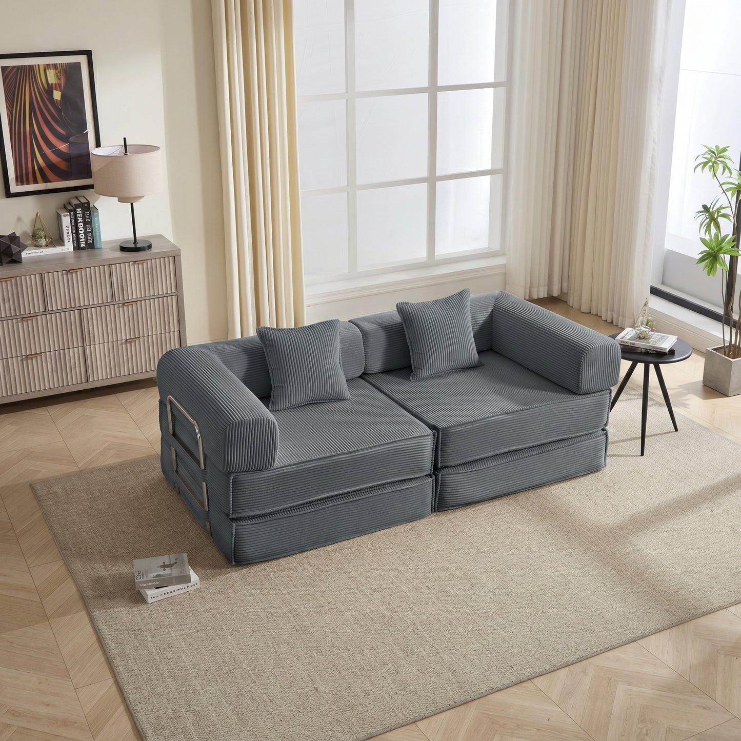 78" Convertible Sofa Bed - Modular Corduroy Couch with 2 Pillows - Grey