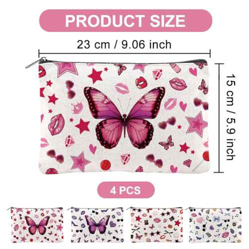 4Pcs Butterfly Makeup Bags 5.91x9.06 inch Music Singer Canvas Cosmetic Bags with Zipper Canvas Travel Toiletry Pouches Fashion Fans Gifts for Women Party Shopping Accessories