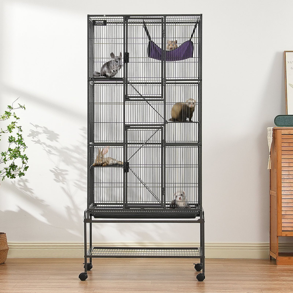 Small Animal Cage 4-Tier Metal Ferret Cage with Ramps & Tray - Black