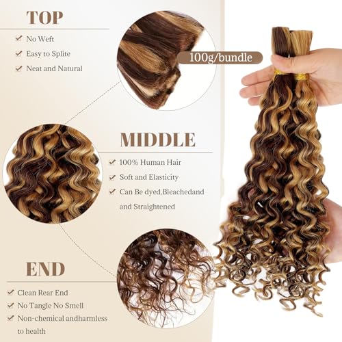 32 Inch Human Braiding Hair Water Wave for Braiding Wet and Wavy Micro Braiding Human Hair Ombre Honey Blonde 4/27 No Weft Human Braiding Hair Extensions for Box Boho Braids 100G With 2Bundles