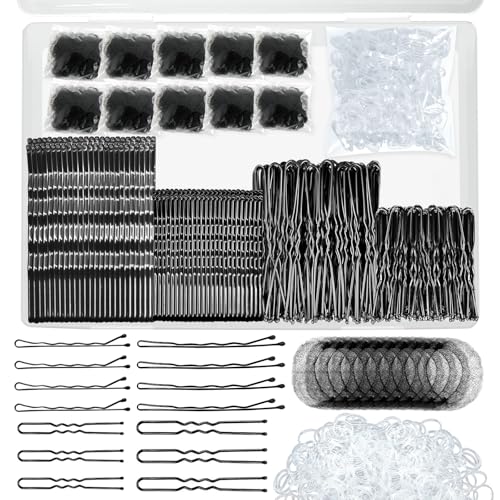 510PCS Black Bobby Pins Hair Pins Kit with Hair Net, YINGFENG Includes 100 Bobby Pins for Women, 100 U-Shaped Buns Hair Clips, 300 Hair Bands and 10 Black Hair Nets, Dance competition must haves