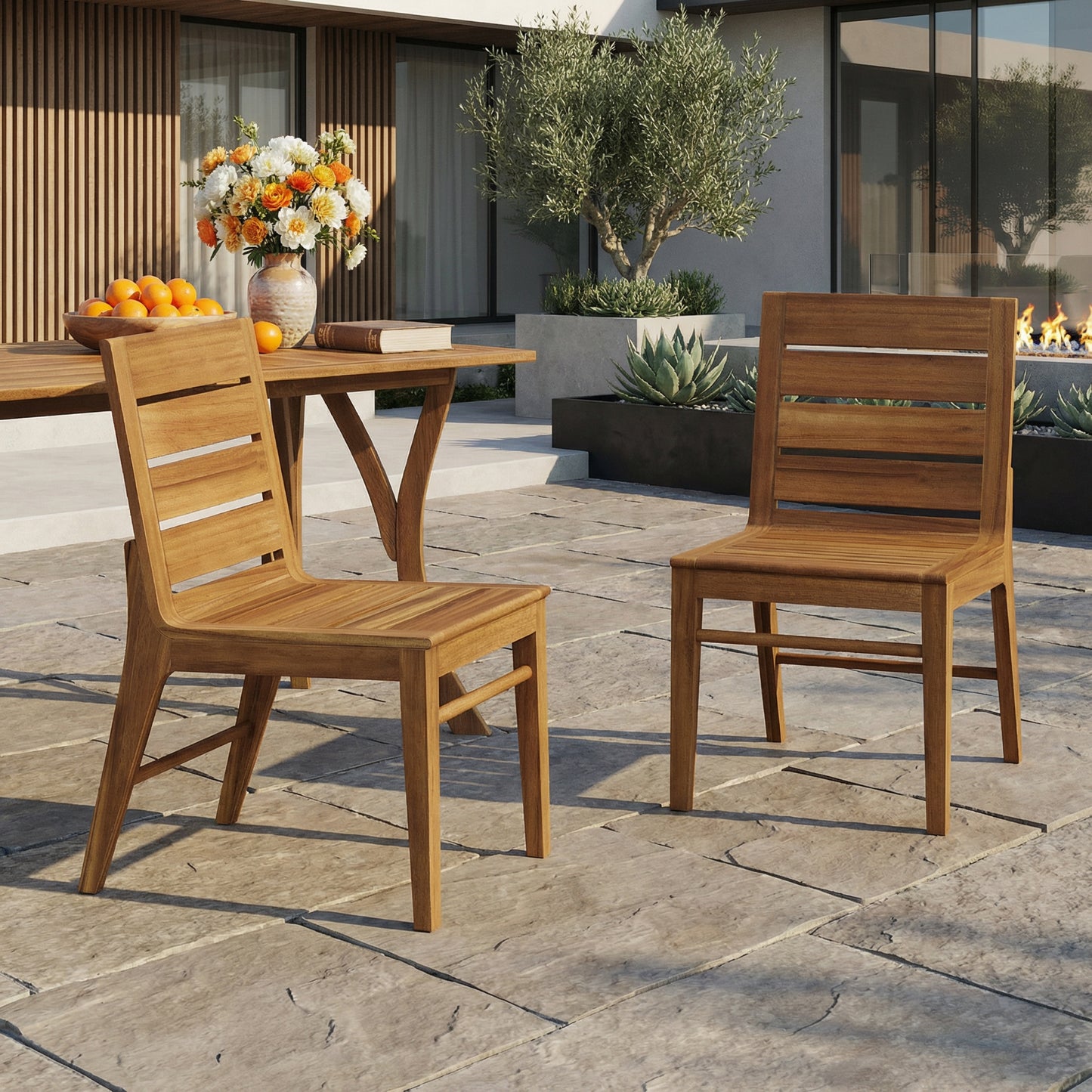 Outdoor Acacia Wood Dining Chairs Set of 2 - Teak Finish