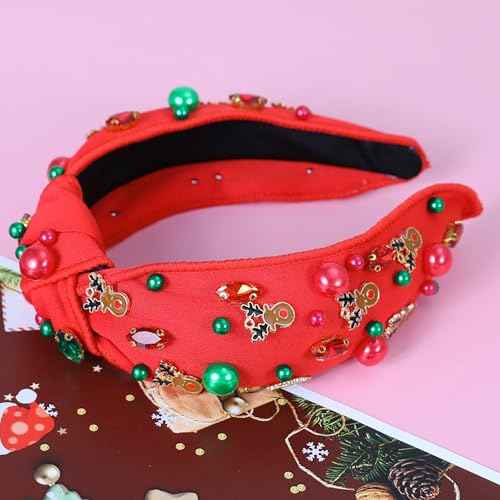 Christmas Reindeer Antler Headbands for Women Girls Red Green Pearl Xmas Knotted Headband Glitter Rhinestone Bejeweled Holiday Headpiece Christmas Party Accessories Gifts