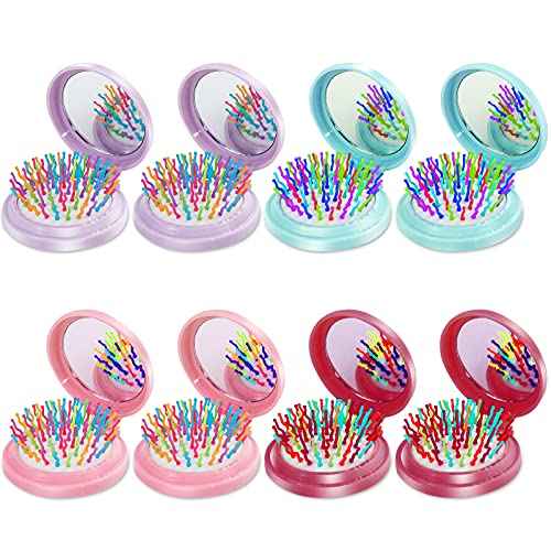 Hair Brush, 8 Pcs Folding Travel Mirror Hair Brushes Round, Compact Portable Hair Brush with Mini Mirror for Women Girls