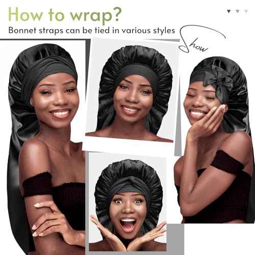 BONNET QUEEN Braid Bonnet Silk Bonnet Foldable Extra Long Wrap for Braids Satin Bonnets with Tie Band Long Sleep Cap, Black