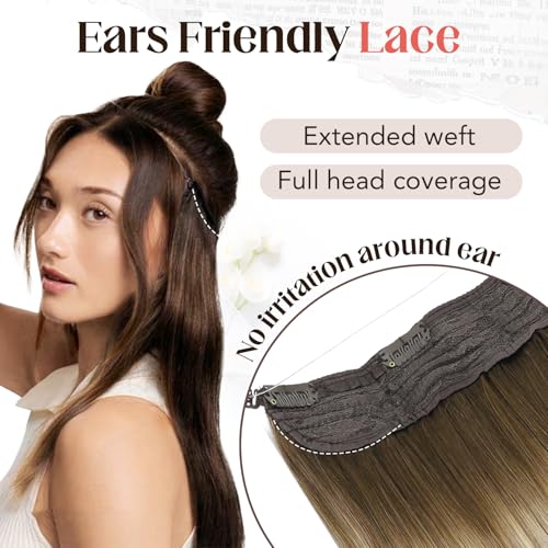 XDhair Wire Hair Extensions 85g 18 Inch Balayage Walnut Brown to Ash Brown and Blonde Invisible Fish Wire Hair Extensions for Women #3/8/22 18 Inch