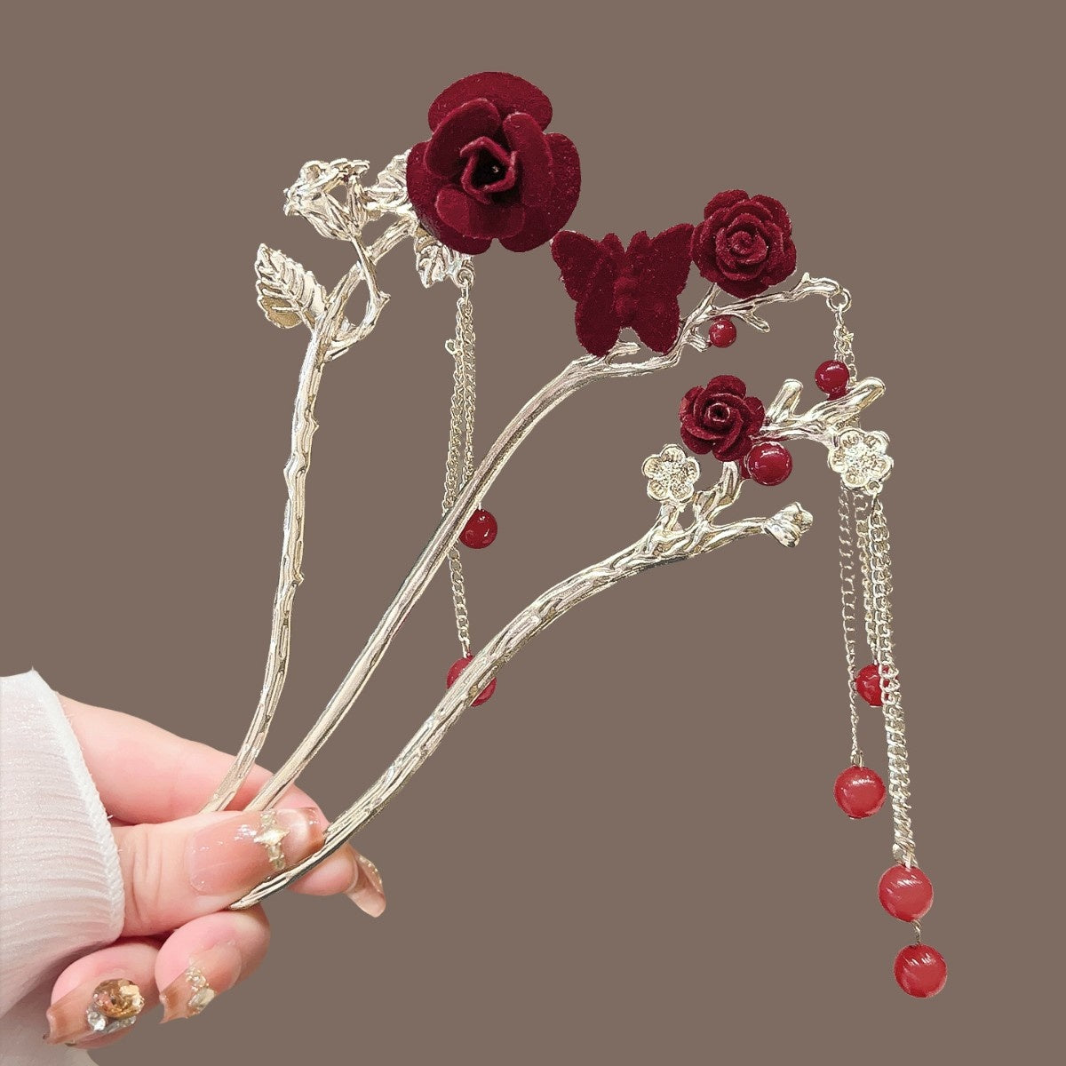 Vintage Floral Hair Stick with Red Flowers and Gold Leaves - Women’s Hair Accessory
