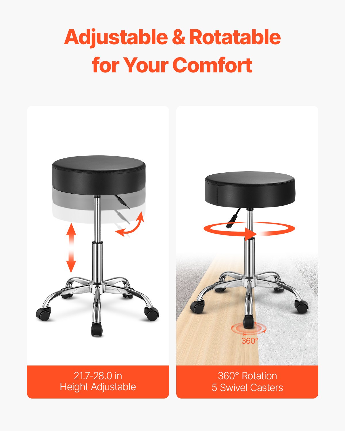 Height Adjustable Rolling Stool with Wheels - 450 lbs Capacity, Black