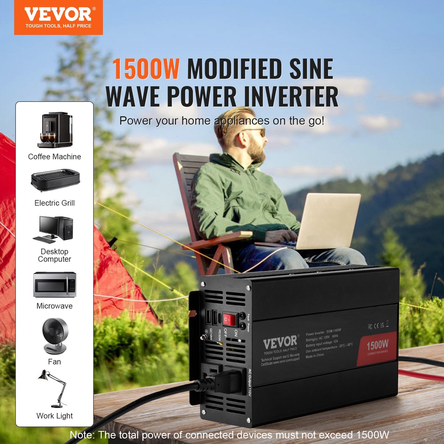 1500W Modified Sine Wave Power Inverter DC 12V to AC 120V with USB & Type-C, 2 Outlets, Fuses