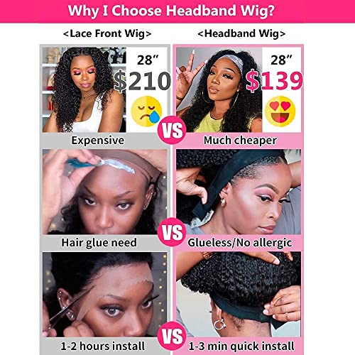 10 Inch Curly Headband Wig Human Hair Natural Color Glueless Headband Wigs for Women None Lace Front Wigs With Headband Attached Human Hair Wigs