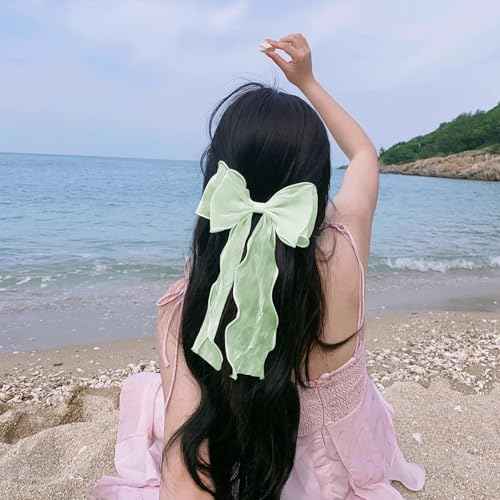 2Pcs Large Emerald Green Silk Hair Bows for Women Long Tail French Barrettes Wedding, Christmas Hair Clips for Thick Hair
