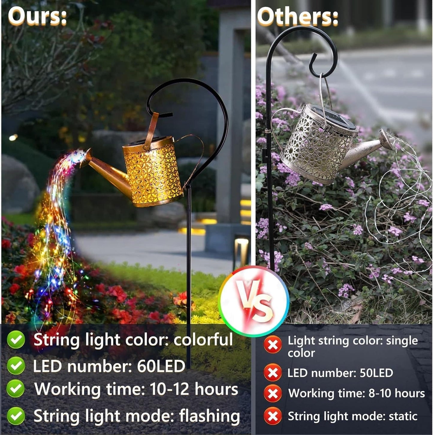 Outdoor Solar Watering Can Lantern String Lights Garden Decor Waterproof Metal Kettle