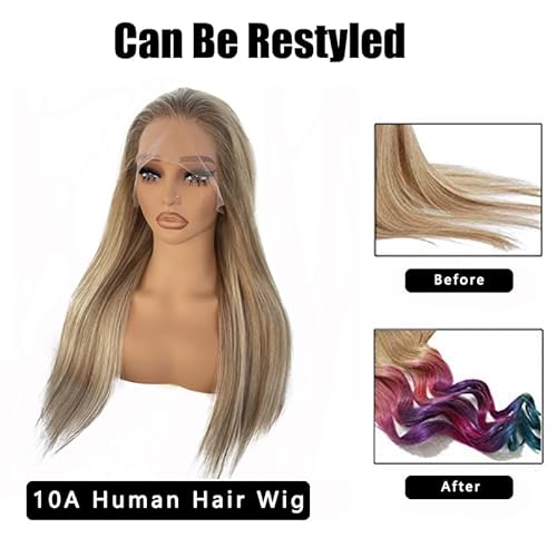 Upgrade - Highlight Straight Lace Front Wig human Hair Wig for Women,13*4 Lace Human Hair Wigs 100% Remy Virgin Hair Ombre Blonde HD Lace Wig,Pre Plucked with Baby Hair 150% Density (8/18/60)