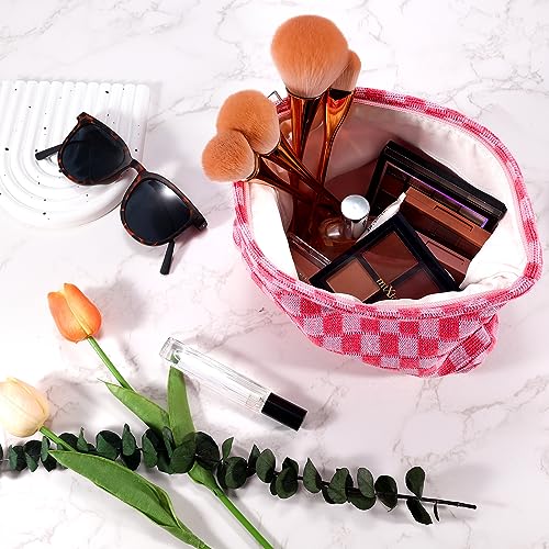 ZLFSRQ 2Pcs Makeup Bag Checkered Cosmetic Bag Set Travel Toiletry Bags for Purse Large Small Makeup Pouch for Women Cute Preppy Pencil Pouch Case Pink Zipper Skincare Bags