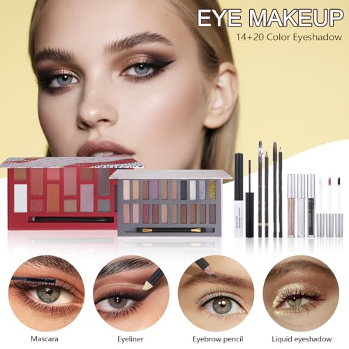 Makeup Kit For Women Girls, Makeup Set For Teens beginners, Full Makeup Kit With Everything Carrying Bag, Eyeshadow Palette, Foundation, Concealer, Lipstick, Brushes (14 & 20 Color eyeshaow Kit)